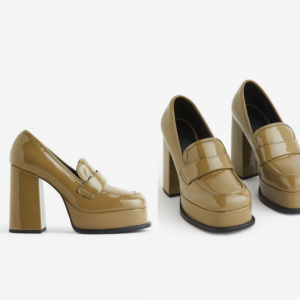 NWT H&M Platform Loafers Chunky Block | High Heels Olive Green